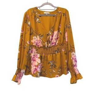 June & Hudson‎ Mustard Yellow Floral Smocked Waist Peplum Long Sleeve Blouse XL